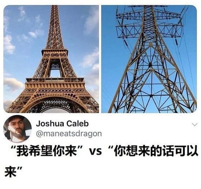 这张梗图左边是埃菲尔铁塔的照片，右边是电线铁塔的照片。下方的中文对比语句揭示两种情感表达风格的差异：“我希望你来”（强烈期待，像著名地标埃菲尔铁塔般突出）、VS“你想来的话可以来”（冷淡随意，像普通电线塔毫无特色）。用两个外形类似但档次差异巨大的物体，对比语气差别，体现冷热态度的幽默效果。

图中有‘VS’结构，调侃社交/情感表达中的差别。无双关或谐音，但视觉上形成趣味对照。