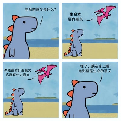 这是一幅四格连环卡通漫画，场景设定在带有水域和小岛的沙滩边。第一格中，蓝色小恐龙带着疑惑的神情发问“生命的意义是什么？”；第二格，粉色翼龙飞至小恐龙身旁，给出回答“生命本没有意义”；第三格，翼龙进一步补充阐释“你能给它什么意义它就有什么意义”；第四格，小恐龙露出释然的微笑，得出了属于自己的结论“懂了，躺在床上看电影就是生命的意义”。漫画以可爱的卡通形象和轻松诙谐的对话，将宏大的生命意义命题转化为贴近日常的小确幸，传递出一种随性、治愈的生活态度，消解了人生议题的沉重感。