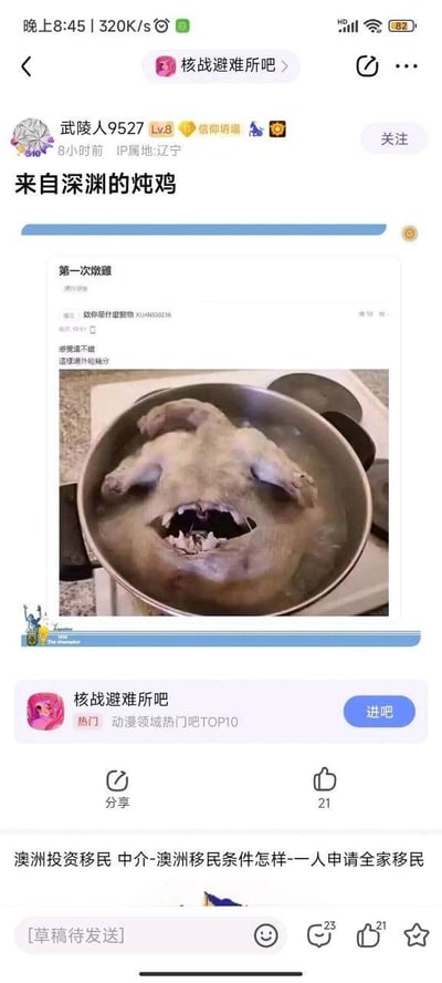 这是百度贴吧「核战避难所吧」中用户「武陵人9527」发布的一条玩梗帖子，帖子标题为「来自深渊的炖鸡」，配图是一张经过P图修改的炖鸡照片：锅中的炖鸡头部被修改成类似动漫《来自深渊》里的怪异生物的狰狞大嘴模样，原本普通的炖鸡瞬间变得猎奇恐怖。图中的原帖内容还有「第一次燉雞」「感覺還不錯 這麼還外給賺分」的文字，结合《来自深渊》的猎奇恐怖风格玩梗，通过普通美食与恐怖怪物的强烈反差，营造出搞笑又猎奇的效果。
双关与梗点：「来自深渊」既是动漫作品名，也暗喻这只炖鸡的怪异模样仿佛是从恐怖深渊中出现的怪物，形成极具反差的笑点。