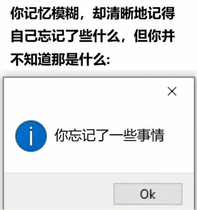 图片上方为黑色文字：“你记忆模糊，却清晰地记得自己忘记了些什么，但你并不知道那是什么:”，下方是一个模拟软件对话框的界面，内含蓝色圆形信息图标、文字“你忘记了一些事情”及灰色“Ok”按钮。整体通过文字与UI界面结合，幽默地展现了人们“明知忘记某事却想不起具体内容”的常见心理体验。