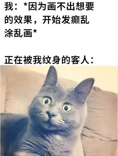 这是一张幽默梗图，上方文字描述纹身师因画不出想要效果而发癫乱涂乱画，下方是一只表情震惊、眼睛瞪得很大的灰色猫咪图片，配文'正在被我纹身的客人：'，通过拟人化手法表现客人面对纹身师失控状态时的惊恐反应。