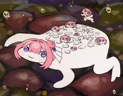 这是一张趣味二次创作梗图，将粉色双马尾的二次元少女形象和青蛙产卵的场景结合：主体是一只白色的青蛙造型生物，头部替换成了面带微笑的粉发少女脸，它的背部有多个小的粉发少女头像/半身像，仿佛是青蛙产出的卵，还有一个小粉发角色在画面右上方，像是刚“孵化”出来的样子，背景是深色的水底石质地，营造出类似浅水环境的氛围，整体画风卡通可爱，通过二次元角色与生物习性的结合制造出反差搞笑的效果。