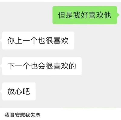 这是一张聊天对话式梗图，绿色气泡中“我”表达“但是我好喜欢他”，随后白色气泡中“我哥”接连回应“你上一个也很喜欢”“下一个也会很喜欢的”“放心吧”，底部配有文字“我哥安慰我失恋”。整体通过幽默调侃的对话展现兄妹间的日常互动，哥哥用略带戏谑的方式安慰失恋的妹妹，充满生活气息和轻松搞笑的氛围。