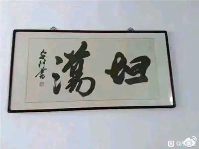 这是一幅装裱悬挂的书法作品，内容本是褒义词汇「坦荡」，但由于两个字的字形排布与结构，从视觉上极易被误看成贬义的「荡妇」，形成了搞笑的视觉错觉效果，成为趣味梗图被网友传播。