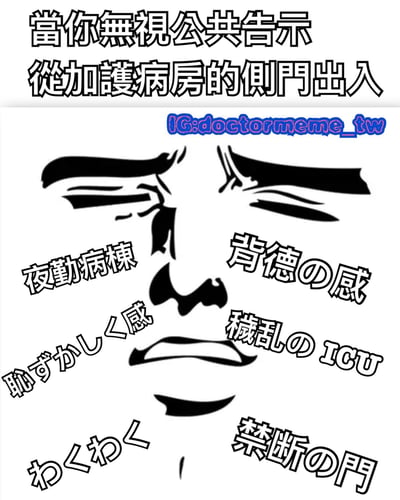 这是一张医疗主题的梗图，上方文字写着"當你無視公共告示 從加護病房的側門出入"，中间是一个表情严肃、眉头紧锁的黑白人脸简笔画，周围环绕着"夜勤病棟"、"背徳の感"、"恥ずかしく感"、"穢乱の ICU"、"わくわく"和"禁断の門"等日文短语，通过夸张的表情和文字组合，幽默地表现了违反规定从加护病房侧门出入时的复杂心情。