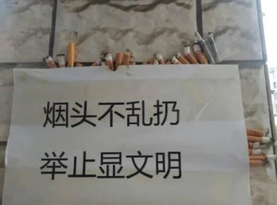 这是一张充满讽刺意味的静态照片，画面中心是一张写着“烟头不乱扔 举止显文明”的白色纸张，纸张的上方和下方都堆放着大量使用过的烟头，标语所倡导的文明行为与现实中乱扔烟头的行为形成强烈的视觉反差，直白地讽刺了那些无视文明倡导、依旧随意丢弃烟头的不文明举动。