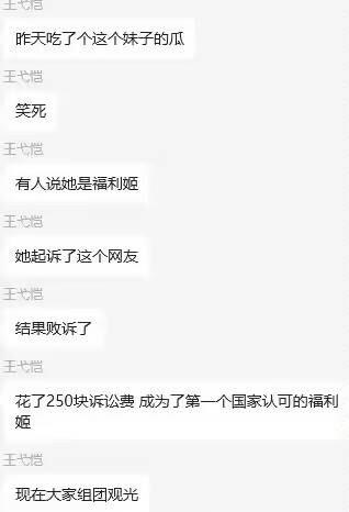 这是一段聊天记录截图，用户「王弋恺」分享了一个充满戏谑感的网络八卦：有网友称某女生是福利姬，该女生为维护名誉起诉这名网友，最终起诉失败，还花费了250元诉讼费。结果反而因为败诉的判决，被调侃成「第一个国家认可的福利姬」，现在很多网友都在围观这件趣事，整个内容充满搞笑反转的氛围。