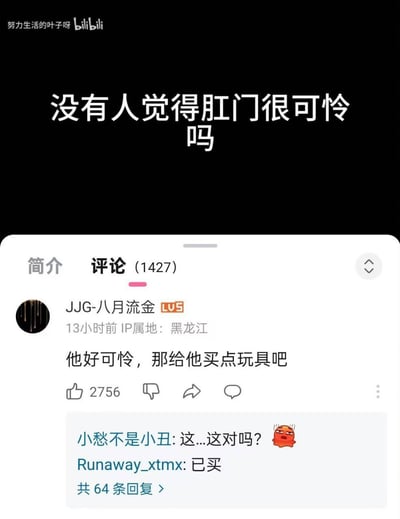 这是一张Bilibili平台的评论区截图，上方显示标题“没有人觉得肛门很可怜吗”，下方展示了热门评论区，其中最高赞评论为“他好可怜，那给他买点玩具吧”，获得2756个点赞。评论区共有1427条评论，还有用户回复“这...这对吗？”和“已买”等有趣互动。