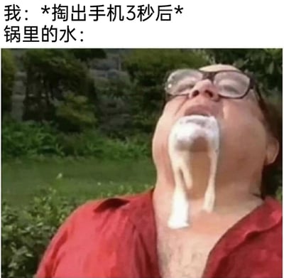 这是一张搞笑生活类梗图，上方配有分角色的吐槽文字：“我：*掏出手机3秒后* 锅里的水：”，下方是一位仰头的真人，从他口中流出大量白色泡沫状液体，用这个夸张的画面来模拟水烧开后无人看管、大量扑出锅外的状态，精准吐槽了人们在烧水时一拿起手机就容易忽略锅的情况，画面滑稽，戳中很多人都有过的生活经历，充满趣味性。