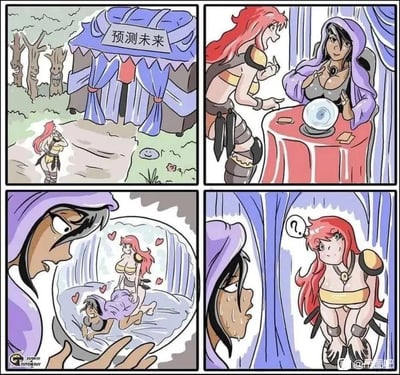 这是一幅四格搞笑连环漫画：
第一格：一位红发的冒险者风格女性，在野外看到一个挂着“预测未来”标牌的占卜帐篷，正朝着帐篷走去。
第二格：红发女性坐在占卜师对面，向这位身着紫色兜帽的占卜师请求预测未来，占卜师正准备查看水晶球。
第三格：占卜师看向水晶球，里面浮现出自己和红发女性在床上的亲密场景，占卜师露出震惊的表情，脸上开始冒汗。
第四格：红发女性突然出现在占卜师的帐篷内，脸上带着疑惑的问号，而占卜师则紧张地流着汗，场面充满反转的搞笑效果。