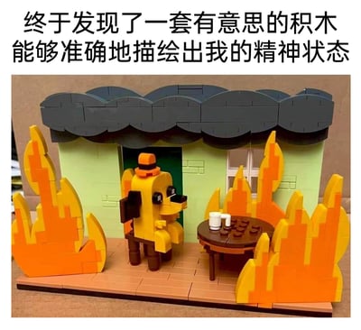 这是一张用乐高类积木搭建的场景图，还原了知名网络梗图“This is fine”的经典内容。画面中，一只戴着小帽子的黄色积木狗坐在被火焰包围的房间里，屋内的小圆桌上放着一个杯子，狗狗神态淡定，仿佛对周围的火情全然不在意。图片上方配有文字“终于发现了一套有意思的积木能够准确地描绘出我的精神状态”，以此来调侃自己身处糟糕、失控的环境中，却只能强装淡定、麻木应对的精神状态，精准戳中当代人在压力与困境中无力改变、自我消解的情绪。