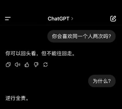 这是一张ChatGPT聊天界面的截图，展示了一段关于情感问题的趣味对话。用户首先提问“你会喜欢同一个人两次吗？”，ChatGPT回复“你可以回头看，但不能往回走。”；用户接着追问“为什么？”，得到“逆行全责。”的幽默回答。
图片中运用了巧妙的双关和隐喻：将感情中的“回头”与交通规则中的“逆行”联系起来，用“逆行全责”幽默地暗示在感情里不应倒退，既符合逻辑又充满趣味性。