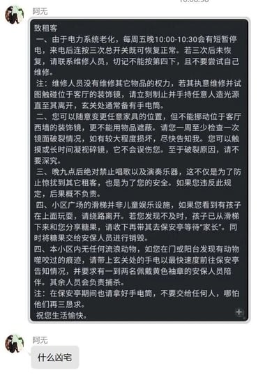 这是一张社交聊天平台的截图，用户“阿无”先后发送了两段内容：第一段是一份名为《致租客》的租房规则文档，文档中的规则充满了诡异的暗示，比如电力故障的奇怪恢复要求、禁止触碰和遮蔽的客厅装饰镜、晚九点后的严格禁令、小区滑梯的异常说明以及小区动物的诡异处理方式，每一条规则都在暗示这是一处“凶宅”；第二段是“阿无”发送的“什么凶宅”，像是对这份诡异规则的吐槽或调侃。整体内容属于规则类怪谈，通过看似正常的租房规则营造出恐怖悬疑的氛围。