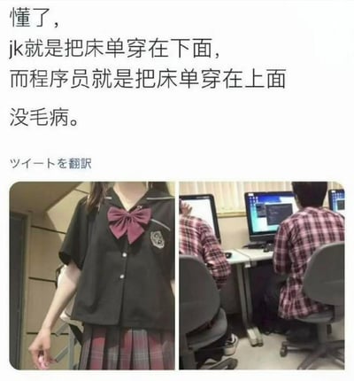 这是一张左右对比的搞笑梗图，左侧展示了一位穿着JK制服的女生，下装是格纹百褶裙；右侧是两位坐在电脑前工作的程序员，穿着格纹衬衫。图上方配文“懂了，jk就是把床单穿在下面，而程序员就是把床单穿在上面，没毛病。”，用调侃的语气将JK的格纹裙和程序员常穿的格纹衬衫戏称为“床单”，通过穿搭的相似点制造反差笑点，调侃两类群体的穿搭风格。图中还有日文“ツイートを翻訳”，意为“翻译推文”，表明这张图最初可能来自推特平台。