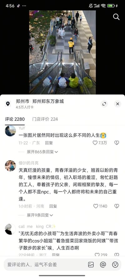图片展示了郑州市郑州郑东万象城的一张扶梯照片，扶梯上及周围有许多行人，涵盖了不同年龄和身份的人。照片下方是社交媒体平台的评论区，显示该地点有4.5万人打卡，2280条评论。热门评论中，用户“Yuf”感叹“一张图片居然同时出现这么多不同的人生😂”并获7.3万点赞；用户“借01的月亮”详细描述了图中人物的多样状态，如孩童、少女、青年、情侣、职场新人、工人、父亲、挚友等，并写道“每一个人都不是npc，每一个人都终将和未来的自己重逢”；用户“call me king CR”也列举了“小男孩”“外卖小哥”“cos小姐姐”“阿姨”“家长”等角色，感慨“人生百态”。