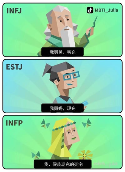 这是一张三格竖排的低多边形卡通风格MBTI主题梗图，从上至下分为三个板块：第一板块背景为浅绿色，左上角标注人格类型“INFJ”，绘制了一位留着白色长胡子的老年男性卡通形象，下方配文“我舅舅，宅充”；第二板块背景为浅蓝色，左上角标注人格类型“ESTJ”，绘制了一位扎高马尾、佩戴蓝色方框眼镜的中年女性卡通形象，下方配文“我舅妈，现充”；第三板块背景为浅绿色，左上角标注人格类型“INFP”，绘制了一位留黄色长发的年轻女性卡通形象，周围点缀有低多边形风格的蝴蝶和小花，下方配文“我，假装现充的死宅”。图片右上角带有抖音账号水印“MBTI_Julia”。