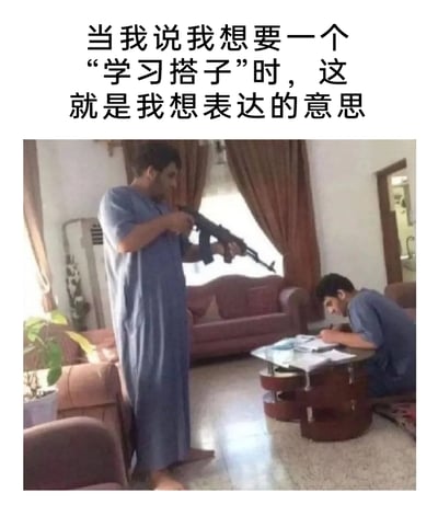 这是一张充满反差感的搞笑梗图，上方配有文字“当我说我想要一个‘学习搭子’时，这就是我想表达的意思”。图中呈现了一个室内场景：一名男子手持步枪，严肃地站在一旁，紧盯另一名趴在茶几前地面上、低头专注写作业的男子。这张图用夸张、硬核的方式调侃了当下流行的“学习搭子”概念，表达了部分人希望有外力强制监督自己学习、逼自己保持专注的心态，通过严肃的监督场景和轻松的学习需求形成反差，制造出幽默效果，很容易引发缺乏学习自律性的网友共鸣。