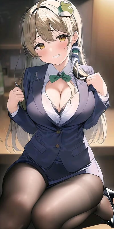这是一张AI生成的二次元风格插画，画面中的少女留着浅金色长发，头顶戴着青蛙造型的发饰，身着深灰色职场西装套裙，内搭的白色衬衫领口敞开，搭配黑色丝袜。她双手抓着西装领口，身体微微前倾，脸上带着害羞又夹杂着俏皮的笑意，整体姿态妩媚又软萌，塑造出性感可爱的职场丽人形象。