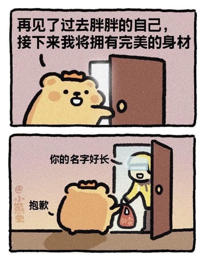 这是一幅两格连环卡通梗图，用强烈的反差感制造搞笑效果：
1. 第一格：戴着小皇冠的卡通小熊兴奋地拉开门，配文「再见了过去胖胖的自己，接下来我将拥有完美的身材」，满脸斗志地立下减肥flag；
2. 第二格：门外站着的是外卖员，他笑着对小熊说「你的名字好长」，小熊则尴尬地道歉，同时伸手接过印着「外卖」字样的餐袋，瞬间打脸了自己刚刚的减肥宣言。

该图精准戳中了很多人减肥时意志力薄弱、管不住嘴的真实日常，引发强烈共鸣。