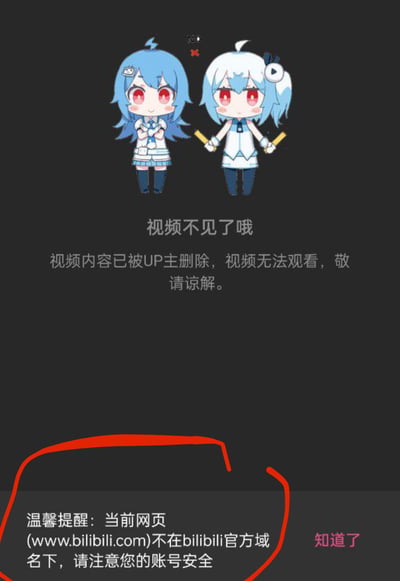 图片展示了B站经典的视频删除提示界面，黑色背景上有两个B站官方吉祥物——蓝发的22娘和白发的33娘。两个角色都穿着蓝白相间的水手服，有着红色的眼睛和微笑的表情。22娘双手交叉放在身前，33娘则双手各持一根黄色棍子。角色下方有文字提示"视频不见了哦"，并解释视频内容已被UP主删除无法观看。图片底部还有红色边框标注的安全提醒，指出当前网页不在bilibili官方域名下，提醒用户注意账号安全。