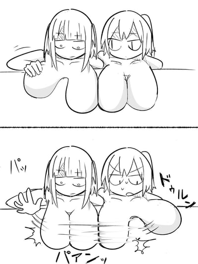 上下分镜的黑白线稿漫画，描绘两名发型相同（齐刘海+双马尾）的少女趴在泳池边的场景。上半部分两人均眼神迷离，呈现慵懒放松状态；下半部分左侧少女抬手，右侧少女眉头紧锁、嘴巴微张，似乎发现了什么，旁边配有「ムズル」的日文拟声词，可能表现水花或惊讶的声音效果。