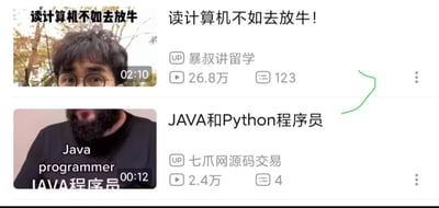 这是哔哩哔哩（B站）的视频列表界面截图，展示了两条和计算机专业、程序员相关的视频内容：
1. 标题为《读计算机不如去放牛！》的视频，UP主为「暴叔讲留学」，播放量达26.8万，评论数123，视频封面是一位戴眼镜、表情惊讶的男性；
2. 标题为《JAVA和Python程序员》的视频，UP主为「七爪网源码交易」，播放量2.4万，评论数4，视频封面是一位标注「JAVA程序员」的大胡子男性。
这类视频多为对计算机行业、程序员职业的调侃吐槽内容。