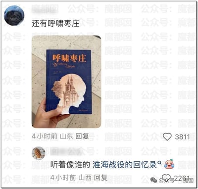 图片展示了一本名为《呼啸枣庄》的书籍，其封面设计模仿了经典文学作品《呼啸山庄》的风格，将书名改为中国地名“枣庄”，形成幽默效果。书的封面为深蓝色，上方有橙色书名“呼啸枣庄”及英文翻译“Wuthering Heights”，中间是一个人物头部剪影，内部包含一座城堡的插画。书籍被一只手握着，背景是浅色的大理石纹理桌面。图片上下方有社交媒体评论，上方评论为“还有呼啸枣庄”，下方评论为“听着像谁的 淮海战役的回忆录”并配有一个流泪的表情包。整个图片带有“魔都囡”的水印。