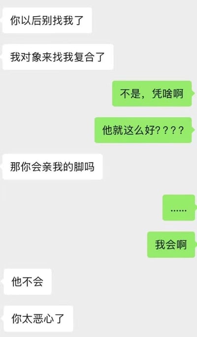 这是一段充满荒诞反转的聊天记录截图，对话内容如下：白框发言者先告知绿框发言者“以后别找我了，我对象来找我复合了”，绿框发言者不服地质问原因，随后白框发言者提出“那你会亲我的脚吗”的奇怪问题，绿框发言者犹豫后表示“我会啊”，结果白框发言者立刻说“他不会，你太恶心了”，用前后矛盾的态度制造出强烈的搞笑反差，整段对话无厘头又离谱，让人哭笑不得。