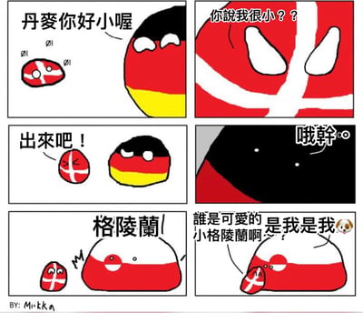 这是一组六格连环漫画，主角为拟人化的国家球形象。第一格中，黑红黄三色的德国球指着一个小巧的红白十字丹麦球说“丹麦你好小喔”；第二格丹麦球（放大版）愤怒反问“你说我很小？？”；第三格德国球喊“出來吧！”，旁边的丹麦球表情坚定；第四格出现黑色剪影和“哦幹”字样，似德国球震惊反应；第五格大字“格陵兰”，一个巨大的红白格陵兰球旁边站着小丹麦球；第六格格陵兰球抱着小丹麦球得意地说“誰是可愛的 是我是我小格陵蘭啊”并配狗头表情。通过国家球大小对比制造幽默效果。