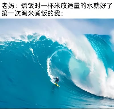 图片上方为两行文字对话，分别是“老妈：煮饭时一杯米放适量的水就好了”和“第一次淘米煮饭的我：”。下方配图是一张巨浪的照片，一名冲浪者正在巨大的海浪隧道中冲浪，通过夸张的视觉对比，幽默地表现了新手在理解“适量水”时的困惑与不知所措，将抽象的“适量”具象化为压倒性的巨浪场景。