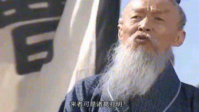 这张图片截取自经典电视剧《三国演义》，画面中文出现了“来者可是诸葛孔明？”的对白，角色衣着古朴，展现了诸葛亮的经典形象。该台词常被用于网络梗图，表达面对某个行为过分、出乎意料的人时的震惊或质问语气。图像氛围带有一丝郑重和质疑，带有一定的幽默感。没有涉及谐音、双关、暗示等梗。

这类表情包经常在社交网络中被用于吐槽、反问和调侃场合，体现了90年代中国电视剧的文化影响力。