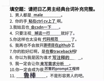 这是一张将日本乙女游戏经典台词格式改编为程序员相关内容的填空题梗图，把原本浪漫暧昧的乙女台词替换成了程序员日常工作中的专业术语与常见操作，比如male、ctrl cv、CSDN、代码规范、GitHub、traceback、写注释、需求分析、prompt工程师、鲁棒等，用乙女游戏的甜腻语气与程序员硬核内容形成强烈反差，制造出搞笑的效果。

梗点说明：利用乙女游戏台词的暧昧句式，结合程序员的工作术语制造错位笑点，比如将编程术语“鲁棒”用来替换乙女台词里形容人的词汇，形成反差感十足的搞笑效果，精准戳中程序员群体的共鸣。