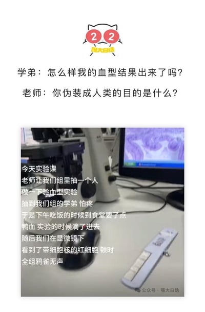 这是一张校园实验室主题的搞笑梗图，讲述了一个啼笑皆非的实验课插曲。实验课上，老师要求小组抽人做血型测试，怕疼的学弟偷偷用食堂的鸭血代替自己的血样本。当同学们在显微镜下观察时，竟发现了带有细胞核的红细胞——而人类成熟红细胞是没有细胞核的，只有鸟类等动物的红细胞才有。这一“穿帮”瞬间让全组陷入沉默，老师更是幽默反问“你伪装成人类的目的是什么？”，用生物学常识制造出荒诞又搞笑的反差效果。