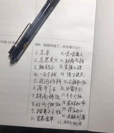 这是一张拍摄的手写笔记本页面，页面左侧放置着一支黑色中性笔，页面上方印有提问“666. 如果有钱了，你会做什么？”，下方以手写序号列举了21条全部为贬义的行为，涵盖忘本、忘恩负义、欺辱弱小、一毛不拔等有钱后可能出现的恶劣品性，以反向回答的方式，辛辣地讽刺了部分人在拥有财富后会暴露的负面人性，内容扎心且充满调侃意味。