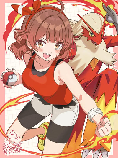 插画中展现一位红发双马尾少女训练家，头戴红白蝴蝶结，身着红色背心与白色短裤，手持精灵球向前奔跑，笑容灿烂眼神坚定。身后是宝可梦火焰鸡，红白色身躯搭配锐利黄色眼眸，右臂高举，周身环绕橙红色火焰特效，背景为网格纸张样式，整体风格元气热血，色彩明快。