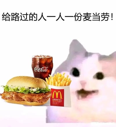 这是一张经过P图改编的趣味表情包，画面右侧是面部模糊、神态豪爽的mur猫，仿佛正在做出宣布的动作；左侧是麦当劳的经典板烧鸡腿堡套餐，包含板烧鸡腿堡、中杯可口可乐和一份薯条。图片顶部配有醒目的文字“给路过的人一人一份麦当劳！”，整体营造出一种大方豪气的氛围，模拟“大佬”豪爽请客的场景，充满搞笑趣味，适合在社交场景中用来活跃气氛，或是以玩笑的方式表达想要请客的心态。