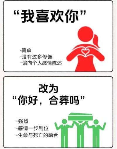 这是一张上下对比的图文混排黑色幽默梗图，上半部分展示常规告白语“我喜欢你”，标注其特点为简单、无过多修饰、偏向个人感情陈述，搭配红色双手比心的极简卡通女性小人；下半部分将告白语改为极具反差感的“你好，合葬吗”，标注其特点为强烈、感情一步到位、生命与死亡的融合，搭配绿色抬着棺材的极简卡通男性小人。图中通过普通告白和带有死亡隐喻的“终极告白”形成巨大反差，用荒诞的黑色幽默调侃感情的极致表达，反差感拉满，笑点十足。