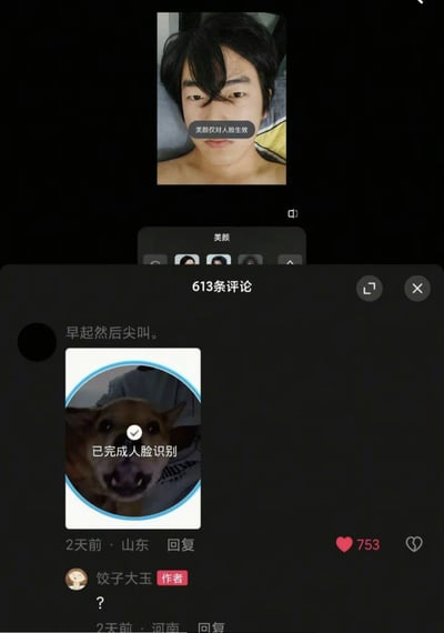 这张图片是国内短视频社交平台的界面截图，整体分为上下两部分：上半部分是用户“饺子大王”发布的个人自拍照，自拍画面上叠加了系统提示“美颜仅对人脸生效”；下半部分是该动态的评论区，网友“早起然后尖叫。”发布了一张狗的正面照片，图中显示“已完成人脸识别”的系统提示，这条评论获赞753次，发布者“饺子大王”在该评论下回复了一个问号。整张图通过“美颜仅对人脸生效”的提示和狗被成功识别人脸的反差，制造出幽默效果，调侃了人脸识别功能的识别误差。
