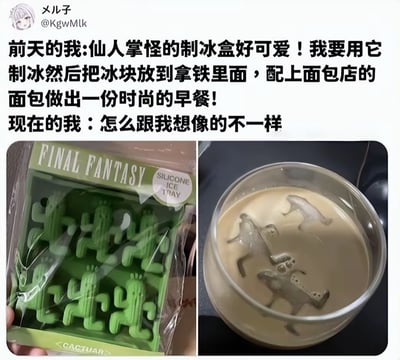 这是一张来自X.com用户的左右对比图文内容，左侧展示了《最终幻想》系列中仙人掌怪（Cactuar）造型的硅胶制冰盒包装，外观可爱精致，让人充满期待；右侧则是实际将仙人掌冰块放入拿铁后的画面，冰块在咖啡中呈现出怪异扭曲的形态，完全没有想象中的精致感。配文描述了作者的心理落差：前一天还满心欢喜规划着用它做时尚早餐，实际使用后却发现和想象的天差地别，充满了搞笑的反差感，完美诠释了理想与现实的差距。