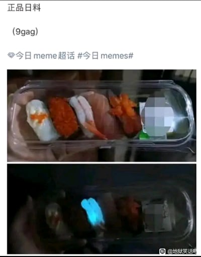 这是一张上下布局的对比静态图，上方展示了正常光线环境下的一盒包装日料，盒内包含多款不同样式的寿司类食物，其中一款食物被打了马赛克；下方则是同一盒日料在黑暗环境中的状态，其中一款寿司发出明显的蓝绿色荧光。图片顶部标注“正品日料”，结合黑暗中发光的寿司，形成强烈的讽刺效果，暗指所谓的“正品日料”可能含有不安全的荧光类添加物，调侃食品安全问题。