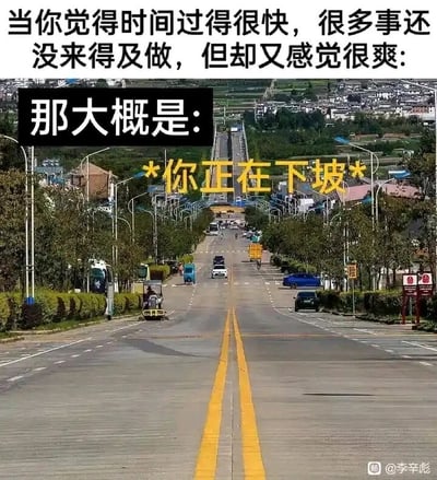 这是一张文字加注的原始拍摄静态图，画面主体是一条向下延伸的城市道路，路上有各类车辆行驶，道路两侧分布着绿植、居民建筑与路灯，呈现出日常的城市街景。图中配有三段递进式的文字：顶部文字为“当你觉得时间过得很快，很多事还没来得及做，但却又感觉很爽:”，中间黑色背景块内的文字是“那大概是:”，最后用黄色星号标注的核心文字是“*你正在下坡*”。这里的“下坡”是双关语，既对应画面里道路的物理下坡状态，又隐喻人处于一种无需费力、没有成长压力的生活或工作状态——这种状态虽然轻松惬意，会让人感觉时间流逝飞快且舒适，但同时也意味着缺乏向上的成长动力，本该完成的事被不断搁置，用形象的视觉场景来引发人们对自身状态的反思。