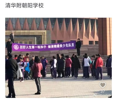 这是一张拍摄于清华附中朝阳学校的户外场景照片，学校台阶上悬挂的紫色活动横幅出现明显文字失误，将原本的“新时代”误写为“清朝”，使“扣好人生第一粒扣子 做新时代最美少先队员”的严肃标语变成充满违和感的“扣好人生第一粒扣子 做清朝最美少先队员”。画面中，多名穿着校服的学生、老师以及安保人员在场，这个荒诞的失误让原本正式的校园活动场景变得滑稽搞笑，因此在网络上作为梗图流传。