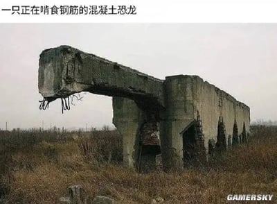 这张图片展示了一段废弃的混凝土建筑结构，被幽默地称为“正在啃食钢筋的混凝土恐龙”。拍摄角度和废墟本身的结构形状极具迷惑性，让人一眼看上去像一只恐龙伸着脖子低头吃东西，实际上只是断裂后裸露钢筋的混凝土梁体。画面风格荒野气息浓厚，带有强烈的视觉错觉和网络恶搞氛围。

此图属于典型的“视觉双关梗”，通过废墟和动物形态的巧妙结合，制造幽默、荒诞的网络笑料。无真人或真实动物，仅是场景拟人化联想。