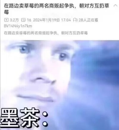 这是一张图文混排的网络梗图，上方截取了哔哩哔哩（B站）平台的一则视频信息，视频标题为“在路边卖草莓的两名商贩起争执，朝对方互扔草莓”，附带显示该视频有3.2万播放量，发布于2024年1月19日17:04，当时有28人正在观看，视频BV号为BV14N6y1n7km。下方是已故网络UP主墨茶的面部图像，图像底部配有文字“墨茶：”。该梗图结合了墨茶生前因家境困难，想吃草莓却未能实现的经历，用这种对比的方式，表达出对墨茶的唏嘘与遗憾情绪，是网友结合社会新闻与网络人物经历创作的二次创作内容。