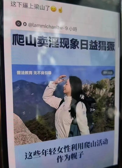这是一张境外社交平台的截图，顶部带有评论「这下逼上梁山了😮🖕」，博主@lammichaeltw发布的内容中，以「爬山卖淫现象日益猖獗」为夸张标题，搭配一位女性登山者抬手眺望远方的户外登山图，图中标注「普法教育 无不良引导」「资料画面」，下方补充文字「这些年轻女性利用爬山活动作为幌子」。内容通过「爬山」与「梁山」的文字关联制造反差搞笑效果，打着普法名义做戏谑玩梗，无实际不良引导意图，属于文字玩梗类内容。