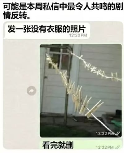 该图是一则社交平台的聊天记录搞笑梗图，顶部配文称其为本周私信里最具共鸣的剧情反转。聊天对话中，一方在12:20向对方发送消息要求“发一张没有衣服的照片”，很容易让人产生暧昧联想，对方则在12:22回复了一张拍摄晾衣绳的照片：晾衣绳上只夹了不少木夹子，确实没有悬挂任何衣物，完全符合字面意义的“没有衣服”，同时还附带文字消息“看完就删”，用字面回应打破了对方的暧昧预期，形成强烈的反差搞笑效果。