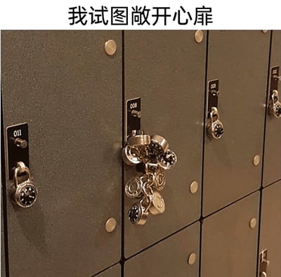 这是一张用于情绪表达的自嘲梗图，画面展示了一排金属储物柜，其中大部分储物柜仅挂有一把密码挂锁，唯有中间的储物柜上密密麻麻挂了一堆密码挂锁，图片上方配有文字“我试图敞开心扉”。用储物柜的锁来比喻内心的防备，通过“想敞开心扉却反而上了更多锁”的反差，生动地表现出人们在尝试打开内心、与人坦诚相对时，却不由自主地给自己增添更多心理防备，陷入想靠近他人又自我封闭的矛盾纠结情绪，很容易引发有类似社交困扰的人的共鸣。