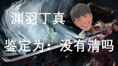 这是一张网友自制的二次创作P图，将真实人物丁真的笑脸合成到游戏《艾尔登法环》中使用名刀月隐释放战技的角色身体上，角色正挥剑释放带有雷电特效的剑气。图中搭配文字“渊羽丁真 鉴定为：没有清吗”，玩了谐音梗：“渊羽”谐音名刀月隐的战技“怨影斩”的“怨影”，“没有清吗”谐音调侃游戏清怪相关内容，同时使用“鉴定为”这个网络流行句式，结合丁真的表情包脸，营造出搞笑戏谑的效果。