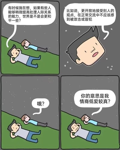 四格连环漫画描绘了两人的沟通场景。第一格中人物A躺在草地上感叹：“有时候我在想，如果有些人能够稍微提高处理人际关系的能力，世界是不是会更和平一些？”；第二格人物B特写回应：“比如说，更开放地接受别人的观点，在正常交流中不应该感到被攻击或冒犯”；第三格人物A疑惑地“哦？”；第四格人物B反问：“你的意思是我情商低爱较真？”。漫画通过日常对话展现了人际交往中常见的误解——当一方提出普遍性观点时，另一方容易将其解读为针对个人的指责。