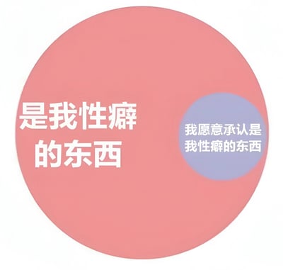 一张简单的图文混排图片，背景为粉红色圆形，右侧有一个较小的紫色圆形。图片上有白色文字，左侧写着“是我性癖的东西”，右侧紫色圆形内写着“我愿意承认是我性癖的东西”。整体设计简洁，色彩鲜明，文字内容直白表达个人喜好。